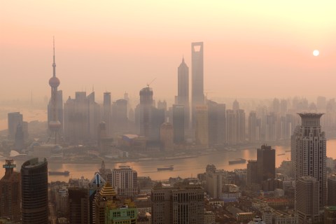 Hazy skies above a sprawling Shanghai due to polution.