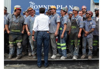 image: Republican presidential candidate Mitt Romney greets coal miners during a campaign rally at American Energy Corporation in Beallsville, Ohio, Aug. 14, 2012.