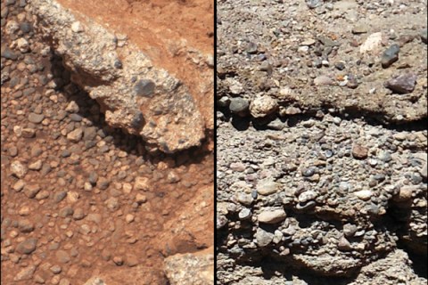 This set of NASA handout images compares the Link outcrop of rocks on Mars (L) with similar rocks seen on Earth (R). 