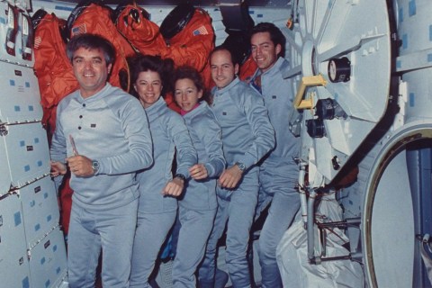 The close-quarters crew of the space shuttle Columbia in January 1990