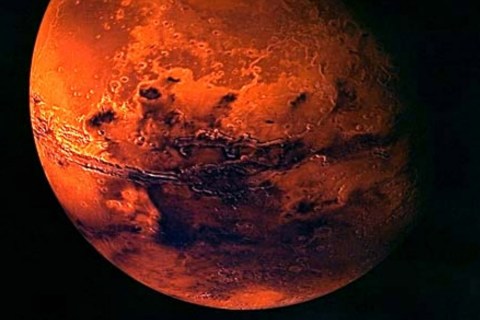 A VISUALISATION OF MARS CREATED FROM SPACECRAFT IMAGERY.