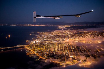 Solar Impulse' s HB-SIA prototype flies over the San Francisco Bay, April 23, 2013.