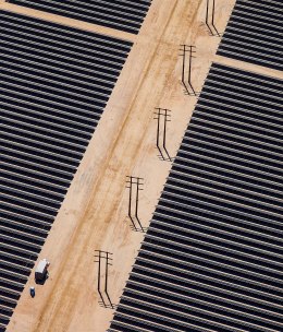 Aerial View of the Desert Sunlight Solar Farm under construction in the Mojave Desert, that will use approximately 8.8 million cadmium telluride thin-film solar photovoltaic modules made by First Solar, on April 5, 2013.