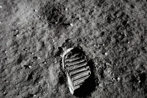 Astronaut Neil Armstrong's footprint when he first stepped out of the Apollo 11 and onto the moon, July 20, 1969. 