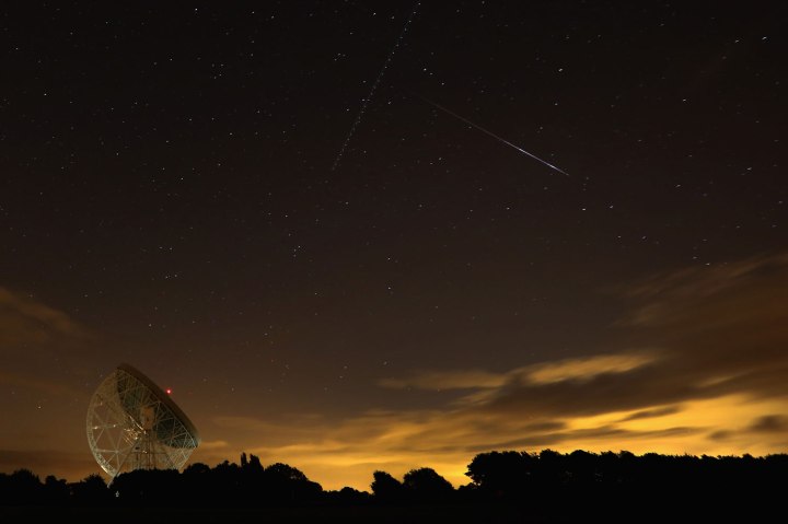 The Perseid meteor shower over the Lovell Radio Telescope at Jodrell Bank in Holmes Chapel, England, on Aug. 13, 2013.