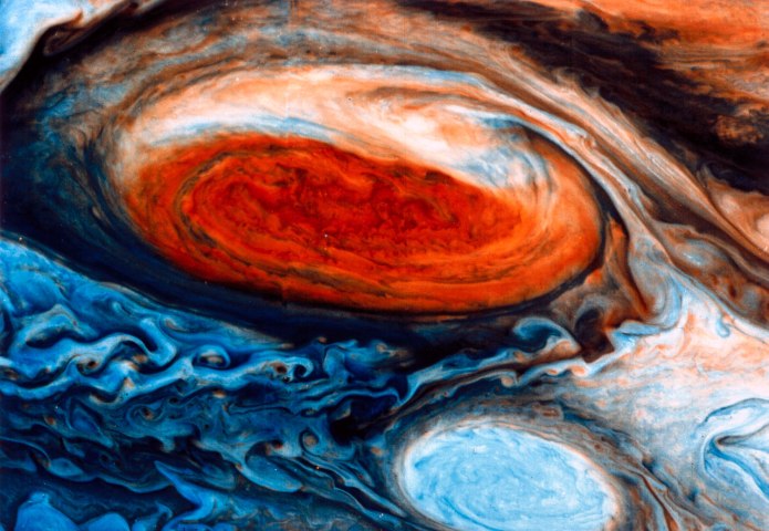 A close up of the Great Red Spot on Jupiter, a storm that has been raging in the gas giant's atmosphere for at least three hundred years.