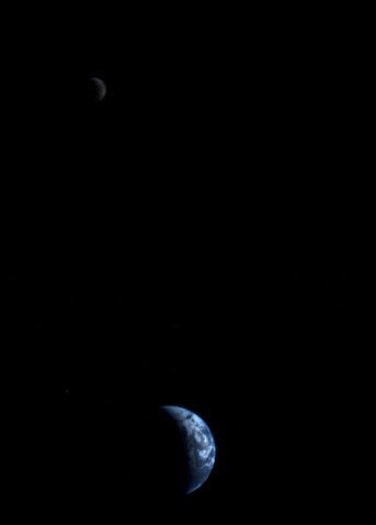The Earth and Moon, taken on Sept. 18, 1977, by Voyager 1 when it was 7.25 million miles (11.66 million kilometers) from Earth.