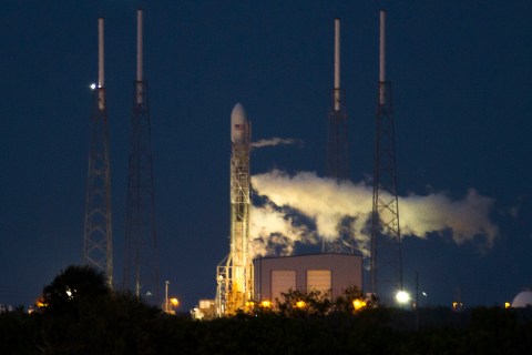 The unmanned Space Exploration Technologies' Falcon 9 rocket is seen before liftoff at Cape Canaveral, Florida