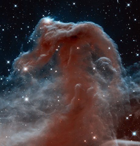 A new view of the famous Horsehead Nebula taken by the Hubble Space Telescope in infrared wavelengths.