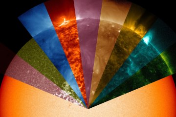 A still image taken from a NASA movie of the sun based on data from NASA's Solar Dynamics Observatory (SDO), showing the wide range of wavelengths, invisible to the naked eye, that the telescope can view.