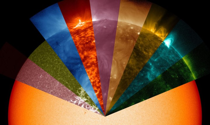 A still image taken from a NASA movie of the sun based on data from NASA's Solar Dynamics Observatory (SDO), showing the wide range of wavelengths, invisible to the naked eye, that the telescope can view. 