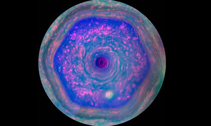 A still image taken from a NASA movie of the unique six-sided jet stream at Saturn's north pole known as "the hexagon", released Dec. 4, 2013. 
