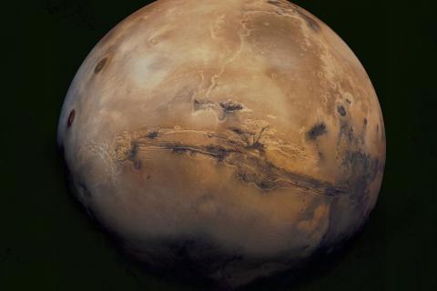 A mosaic of Mars made from a compilation of images captured by the Viking Orbiter 1. 