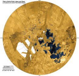 This colorized mosaic from NASA's Cassini mission shows the most complete view yet of Titan's northern land of lakes and seas. Saturn's moon Titan is the only world in our solar system other than Earth that has stable liquid on its surface.