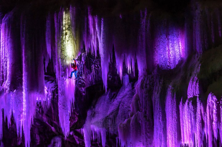 Dani Arnold climbs icefalls in a cave, located in Gol, Norway.