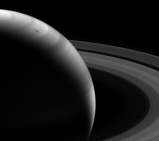 A view that looks toward the sunlit side of the rings of Saturn from about 18 degrees above the ringplane, released on Nov. 20, 2013. 