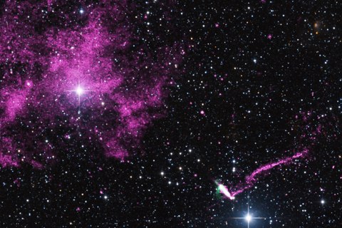 A pulsar moving at supersonic speeds about 23,000 light years from Earth.