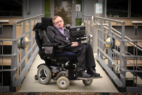 Stephen Hawking outside DAMTP, Department of Applied Mathematics and Theoretical Physics, Cambridge.